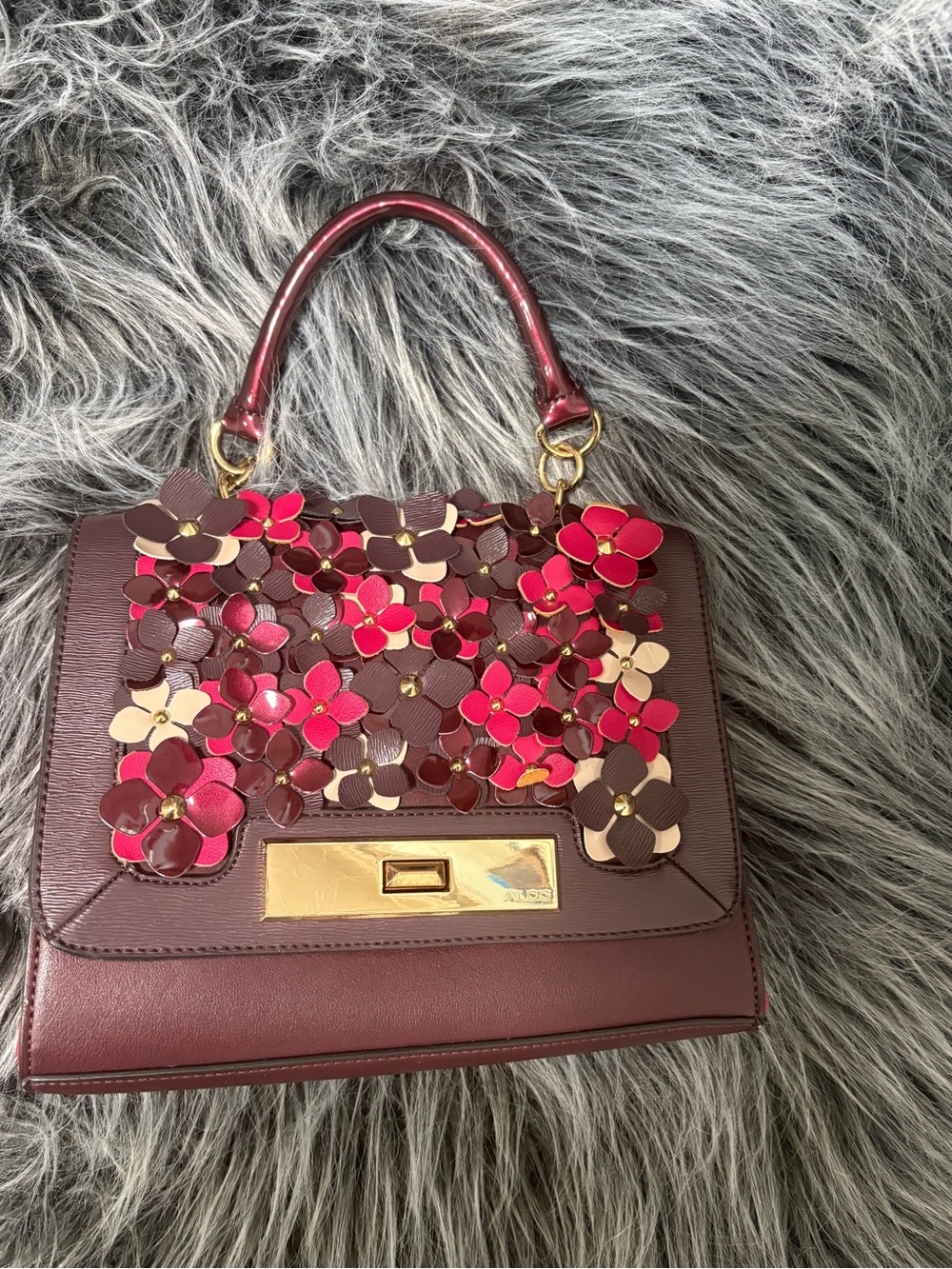 Aldo Floral Appliqué Satchel in Burgundy, Pink and Cream